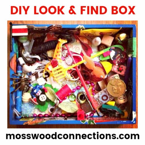 DIY LOOK AND FIND BOX; Create an I Spy Game for the Kids #mosswoodconnections #visualprocessing #visionskills #DIYtoy #ISpyGame #recycledtreasure