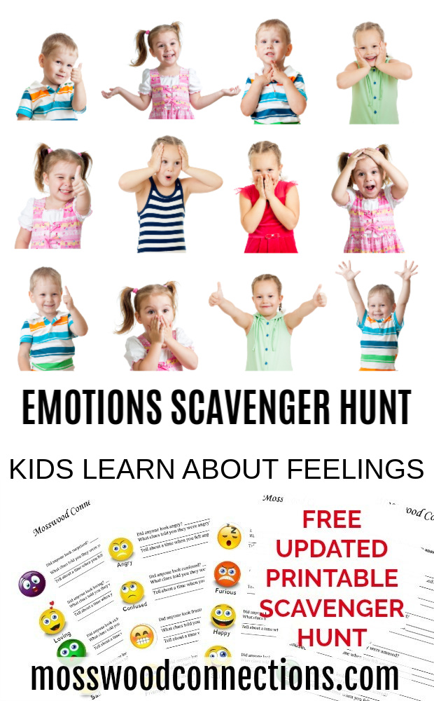 This Emotions Scavenger Hunt is a great way to build emotional awareness, perspective taking, whole body listening, and social skills. #mosswoodconnections Feelings and Emotions Scavenger Hunt: A Social Skills Activity #mosswoodconnections #autism #socialskills #feelings #scavengerhunt #printablegame