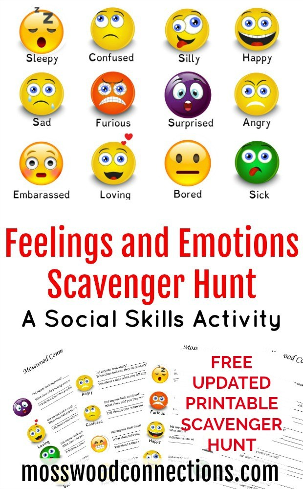 Feelings and Emotions Scavenger Hunt: A Social Skills Activity #mosswoodconnections #autism #socialskills #feelings #scavengerhunt #printablegame