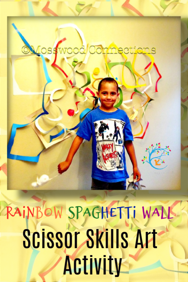 Rainbow Spaghetti Wall; a Fine Motor Adventure. Practice Scissor Skills and Make Fun Wall Art Hand strength, pincer grasp, visual-spatial skills, scissor & pre-writing skills #mosswoodconnections #finemotor #scissorskills #crafts