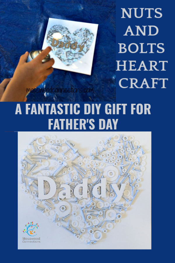 UPCYCLED NUTS AND BOLTS HEART CRAFT IS A FANTASTIC DIY GIFT FOR FATHER'S DAY #mosswoodconnections DIY Fathers Day Gift #mosswoodconnections #Fathersday #Upcycledcraft #Homemadegift