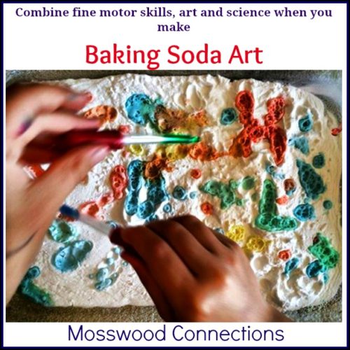 Baking Soda Art: Combine fine motor, art and science! #mosswoodconnections #craftsforkids #finemotor #preschool #science