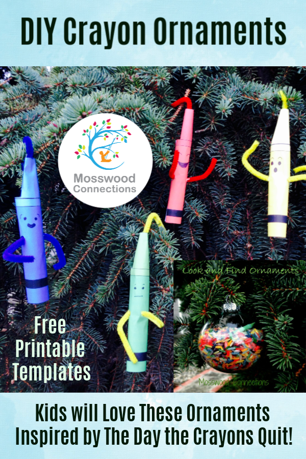 Crayon Ornaments That You Can Play With  #mosswoodconnections #ornaments #picturebooks #TheDaytheCrayonsuit #crafts #holidays 