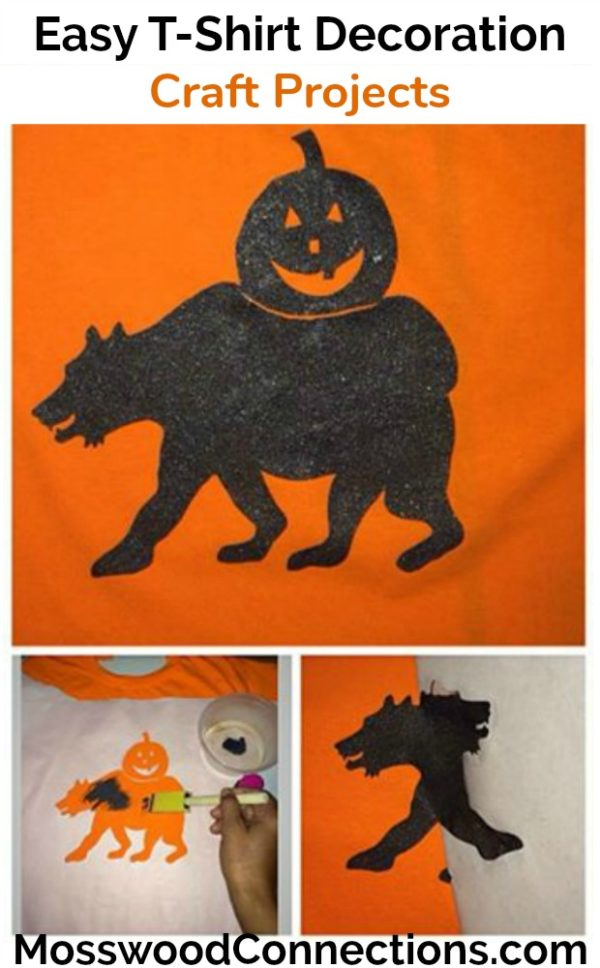 Easy T-Shirt Decoration Craft Projects Halloween Version T-Shirt Stencils are an easy way to decorate t-shirts for any occasion. #mosswoodconnections #craftsforkids #t=shirtdecorating #holidays