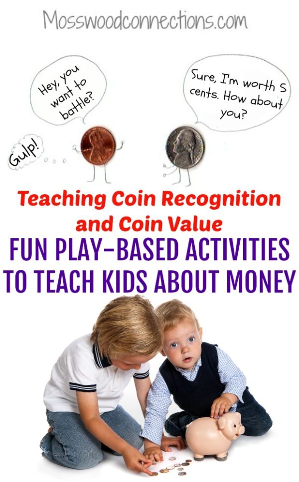 Teaching Coin Recognition and Coin Value for children in preschool, kindergarten, and first grade can be tricky Fun Play-Based Activities to Teach Kids About Money Active Hands-on Games for Teaching Coin Recognition and Coin Value #mosswoodconnections #money #coinrecognition #learningthroughplay #education #homeschool