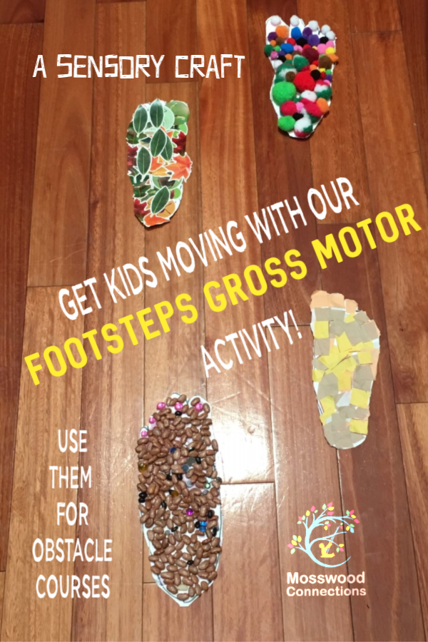 Footprints Sensory Gross Motor Activity #mosswoodconnections #crafts #DIY #sensory #finemotor #obstaclecourse #grossmotor #fun